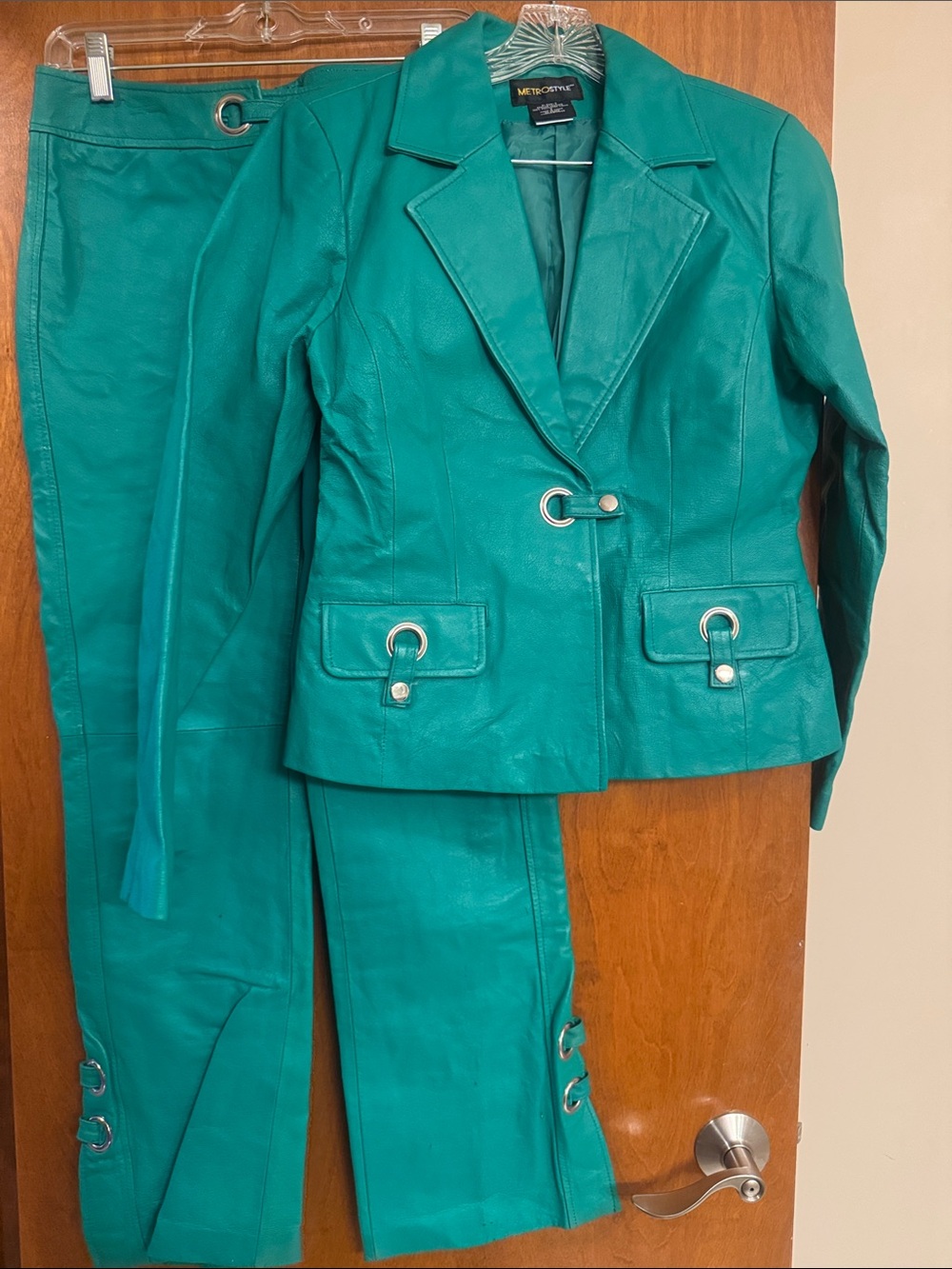 Vintage metrostyle Teal Green Leather Blazer and Pants Set